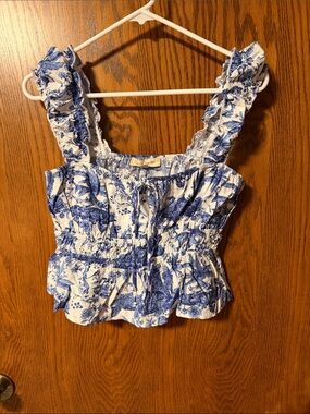 Blue & White Floral Smocked Crop Top with Ruffle Straps